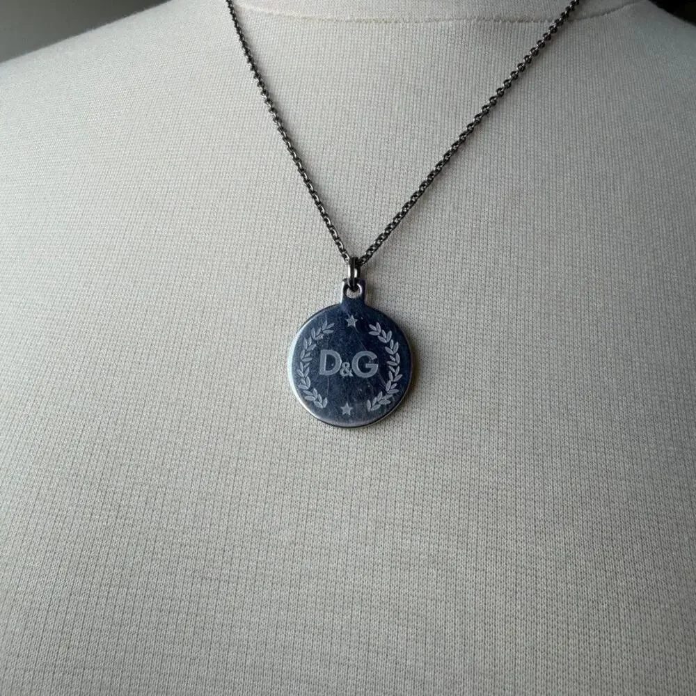D&G Dolce & Gabbana Silver Logo Medallion Pendant Necklace
